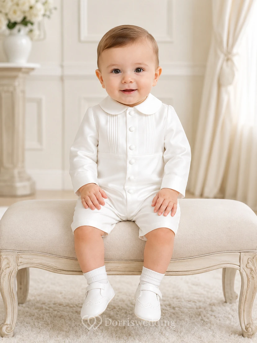 White Peter Collar Long Sleeve Button Christening Short Set for Baby Boy