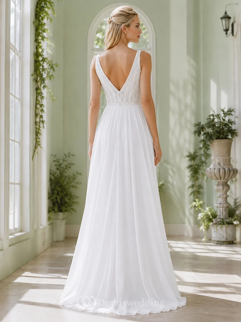 Weißes, tief ausgeschnittenes Chiffon-Abendkleid in A-Linie mit tiefem V-Ausschnitt und tiefem Rückenausschnitt – romantisch für den Garten view 2