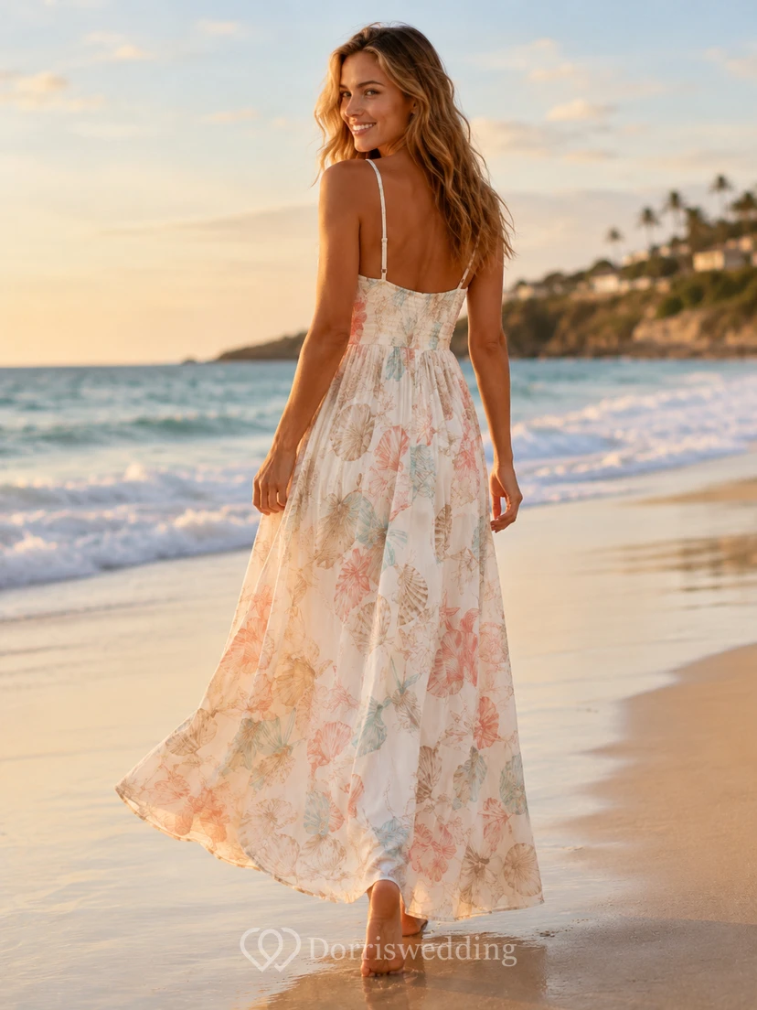 Pastel Seashell Print Spaghetti Strap Beach Maxi Dress view 2