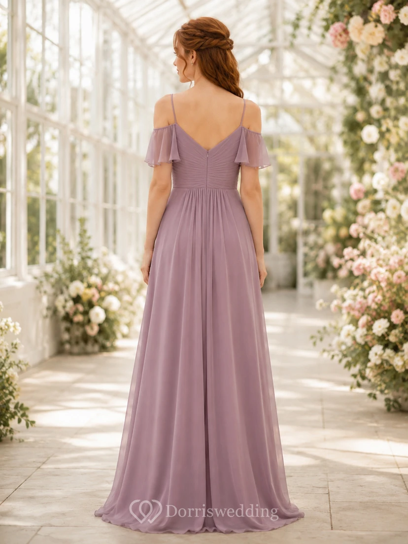 Mauve Off Shoulder Flutter Sleeve Chiffon Floor Length A Line Dress view 2