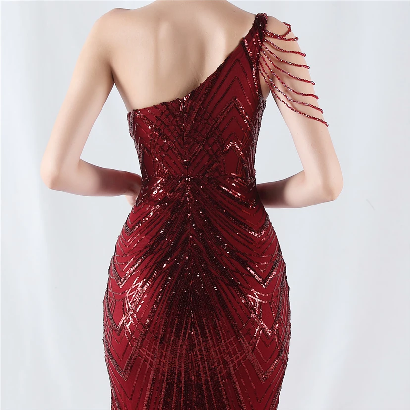 Positioning Flower Beaded Craft Beaded One-Shoulder Oblique Collar High Slit Evening Dress view 27