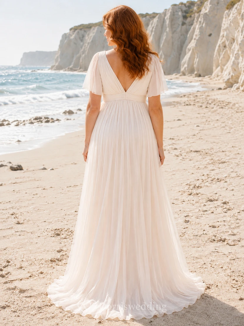 Beach Chiffon Wedding Dress Empire V-Neck Short Sleeve Floor Length Bridal Gown view 2
