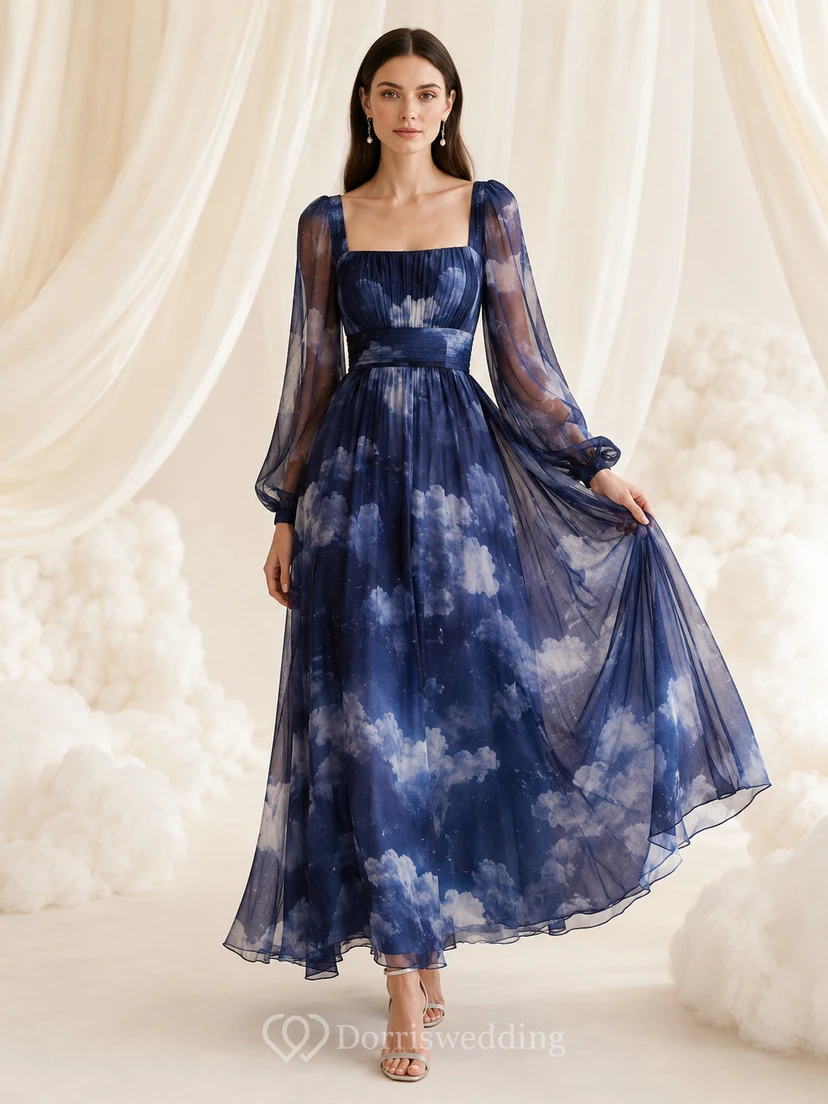Navy Cloud Print Long Sleeve Chiffon Midi Dress