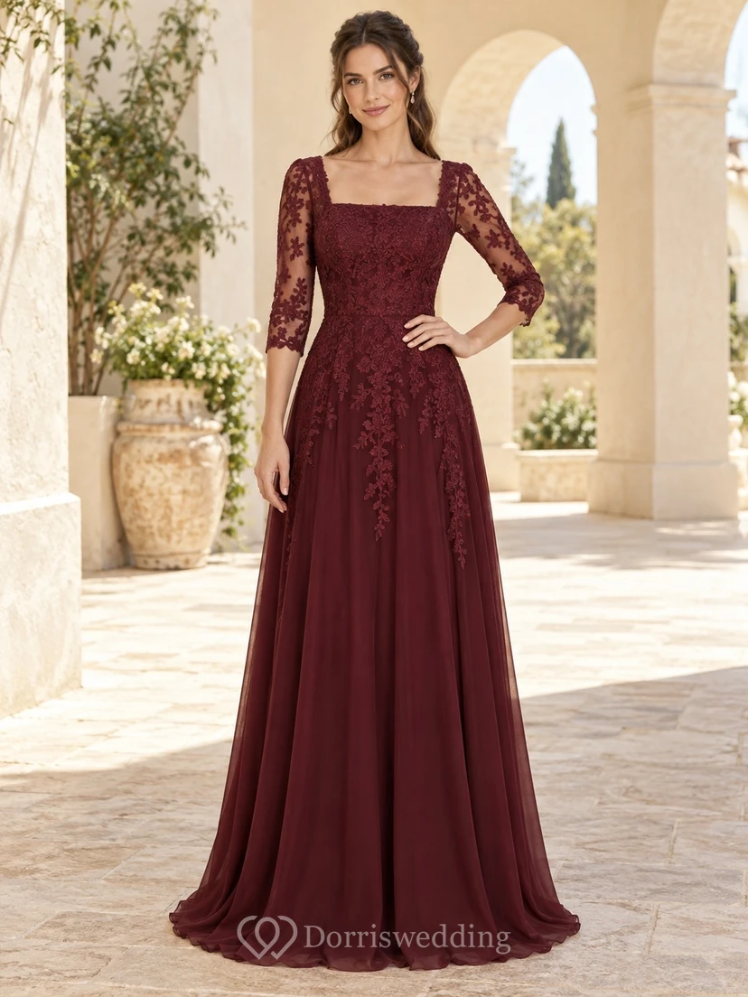 Robe de demoiselle d'honneur longue bordeaux western à col carré et manches trois-quarts en dentelle