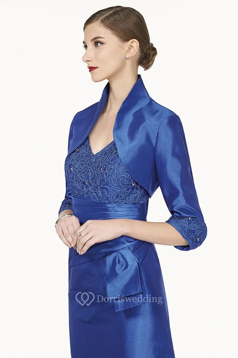V Neck Sheath Knee Length Satin Prom Dress With Removable Jacket view 2