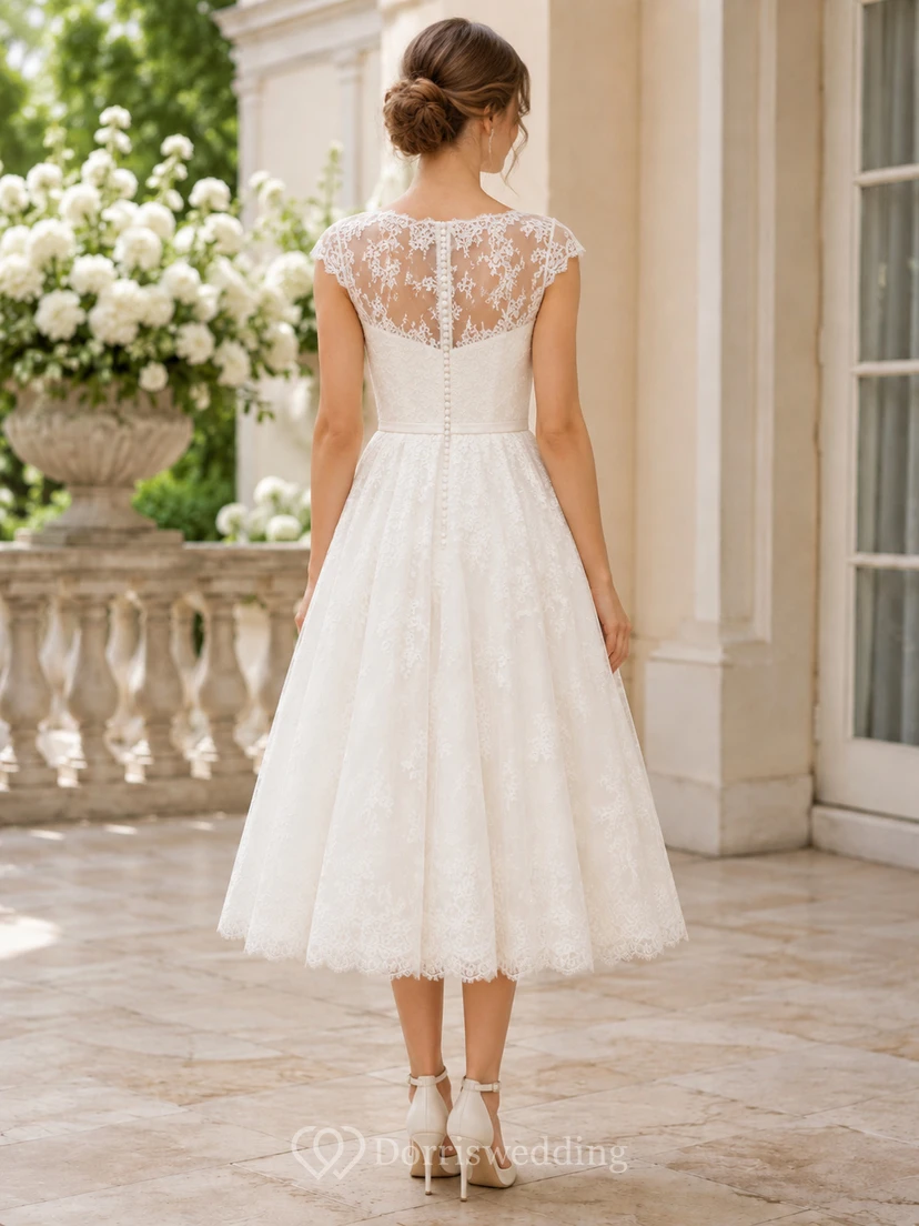 Vestido de novia vintage de corte A con escote barco, mangas cortas y encaje, estilo jardín. view 2