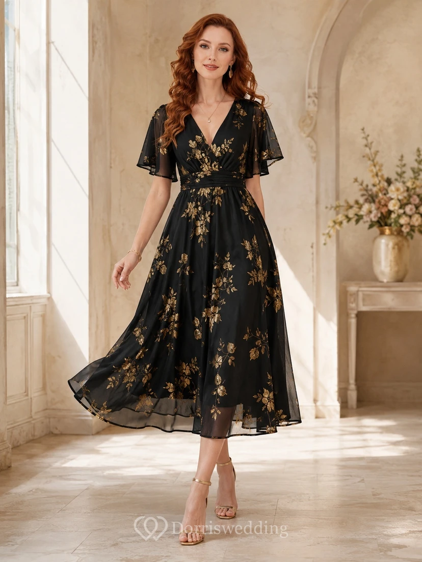 Black Gold Floral Embroidered Flutter Sleeve Chiffon A-Line Tea-Length Dress