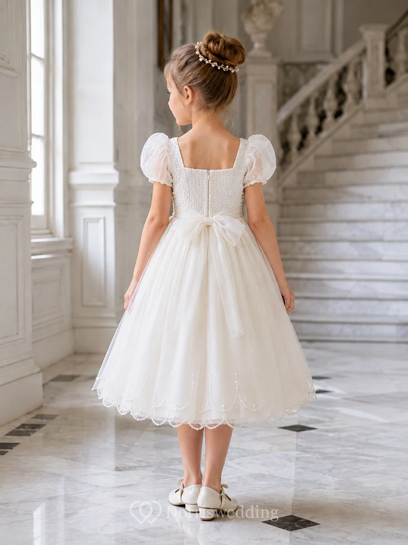 Bow Back Tulle A-Line Flower Girl Dress with Jewel Neck and Tea-Length Skirt view 2