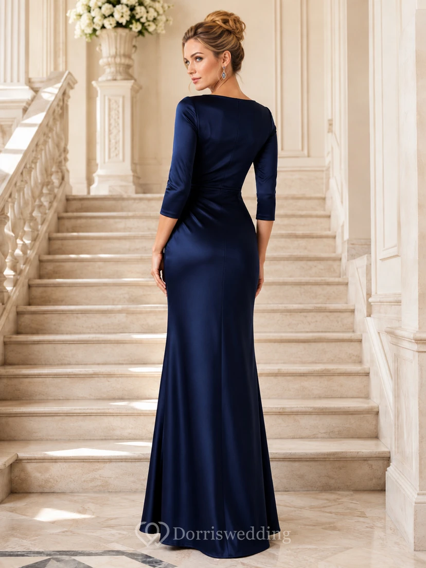 Dark Navy Bateau Three-Quarter-Sleeve Ruched Satin Modest Sheath Mother Gown view 2