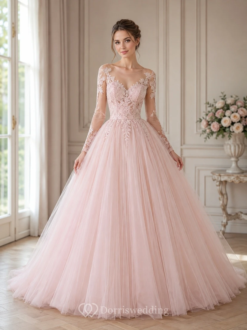 Blushing Pink Long Sleeve Lace Tulle Sweep Train Prom Gown