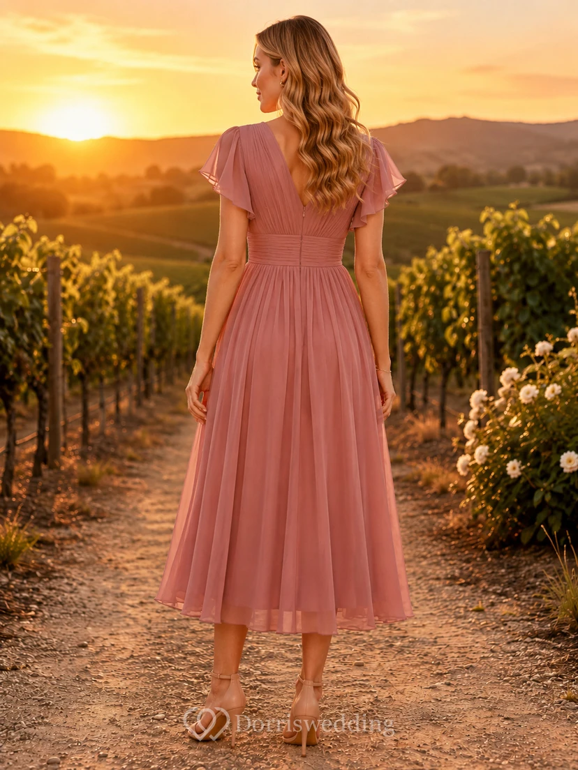 Dusty Rose Evening Vineyard Wedding Guest Bridesmaid Cocktail Formal Dress A-Line Tea-Length V-Neck Short Sleeve Chiffon Zipper Back view 2