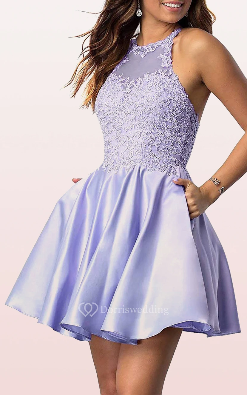Satin Lace Mini A Line Sleeveless Adorable Homecoming Dress with Pleats view 10