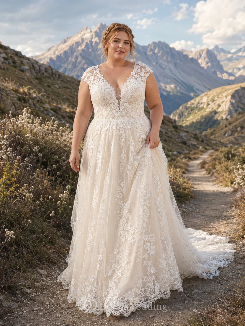 Vestido de novia de talla grande con escote en V, encaje y corte en A para fugas románticas en la montaña.