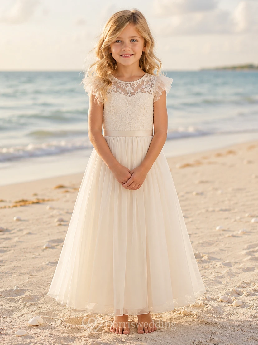Tüllkleid für Blumenmädchen in A-Linie mit kurzen Spitzenärmeln, Rundhalsausschnitt und bodenlangem Rock