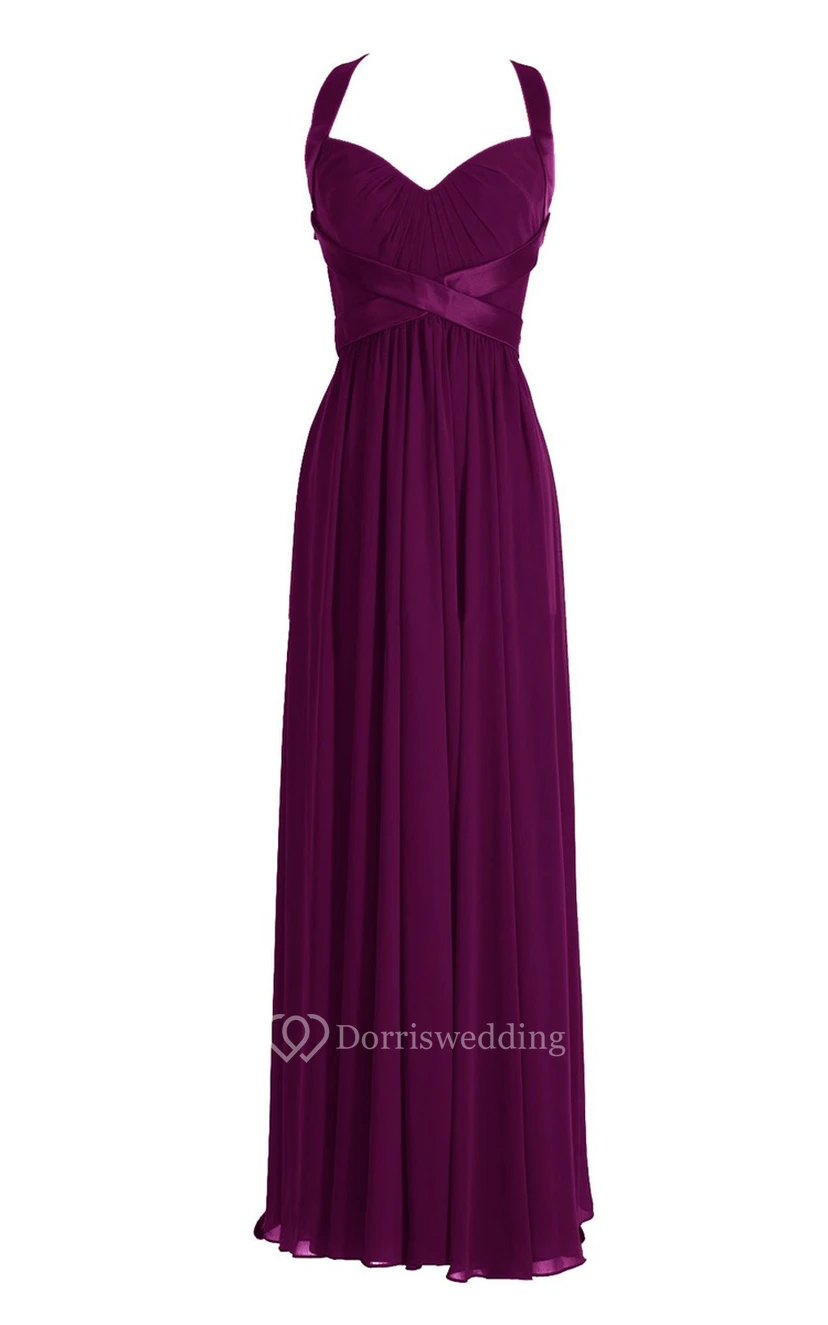 Halter Pleated Chiffon A-line Gown With Deep-v Back view 16