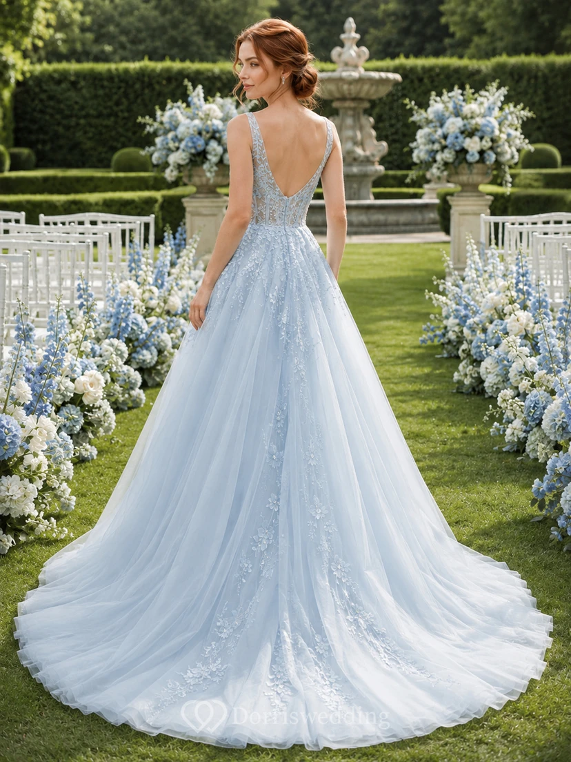 Blaues Brautkleid in A-Linie mit V-Ausschnitt, Trägern und Applikationen aus Tüll view 2