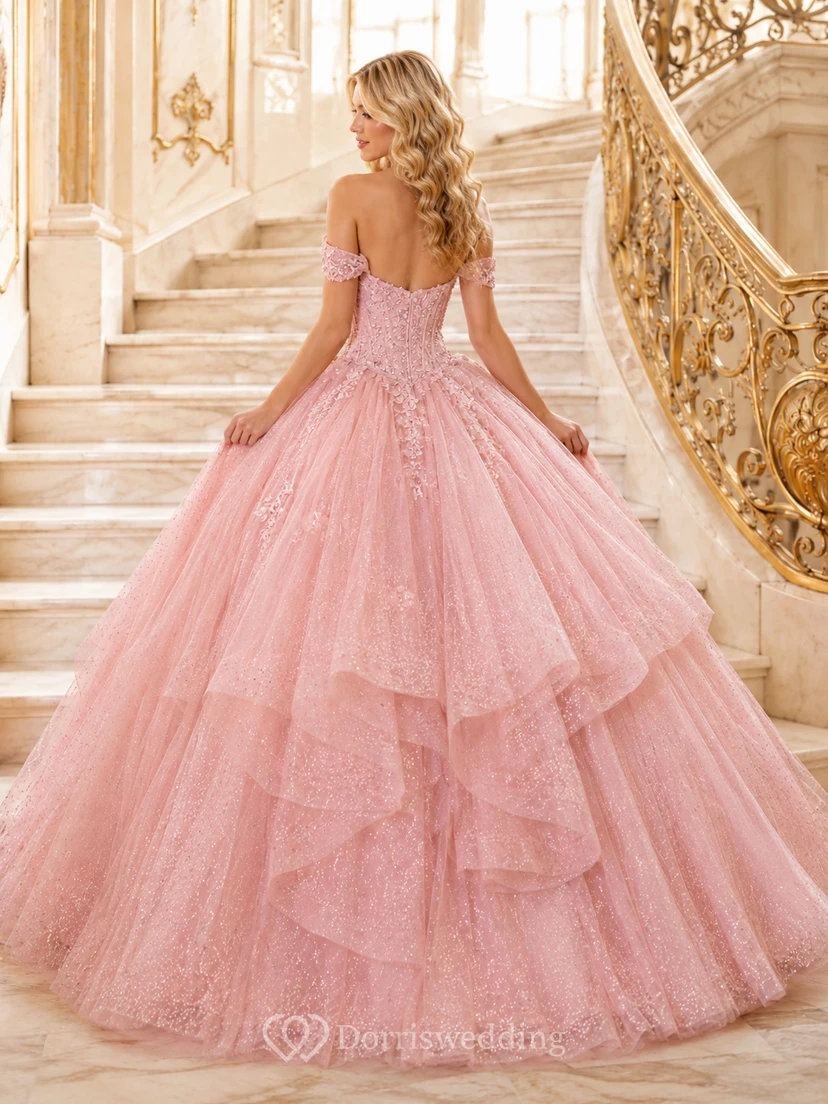 Blushing Pink Luxury Off Shoulder Layered Glitter Tulle Princess Quinceanera Ball Gown view 2