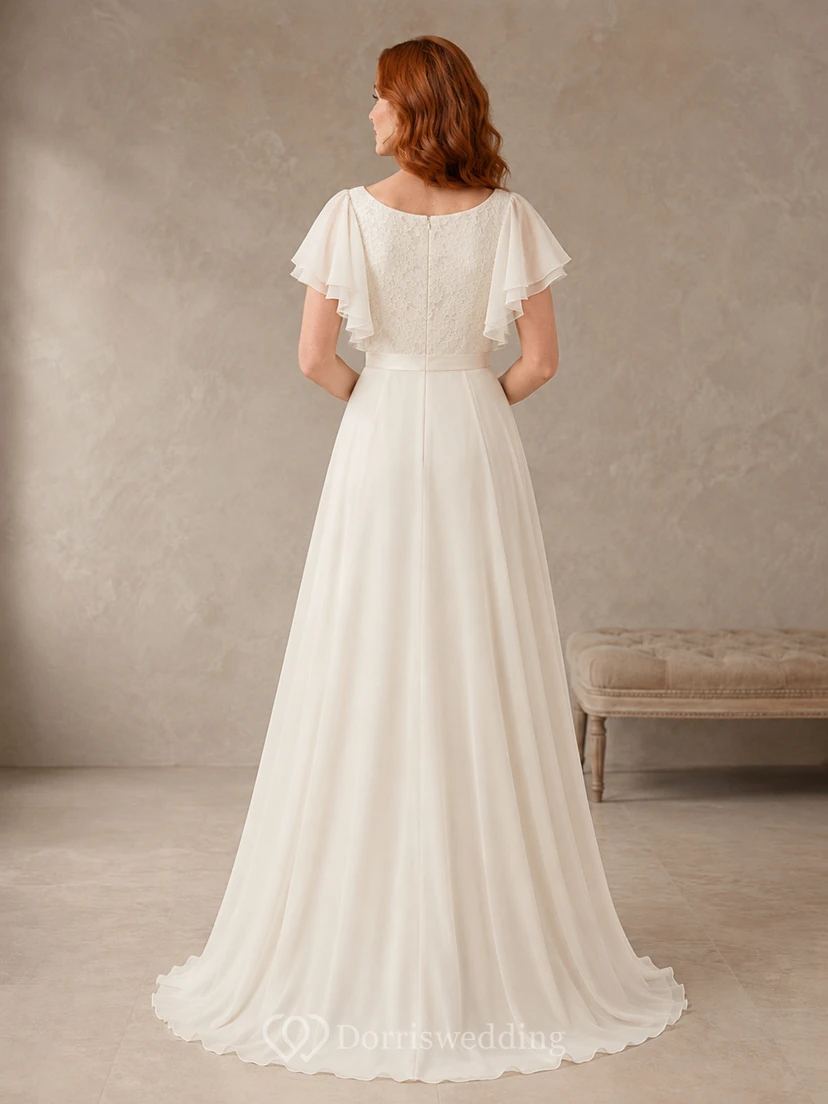 Scoop Neck Flutter Sleeve Modest Chiffon A-Line Wedding Dress view 2