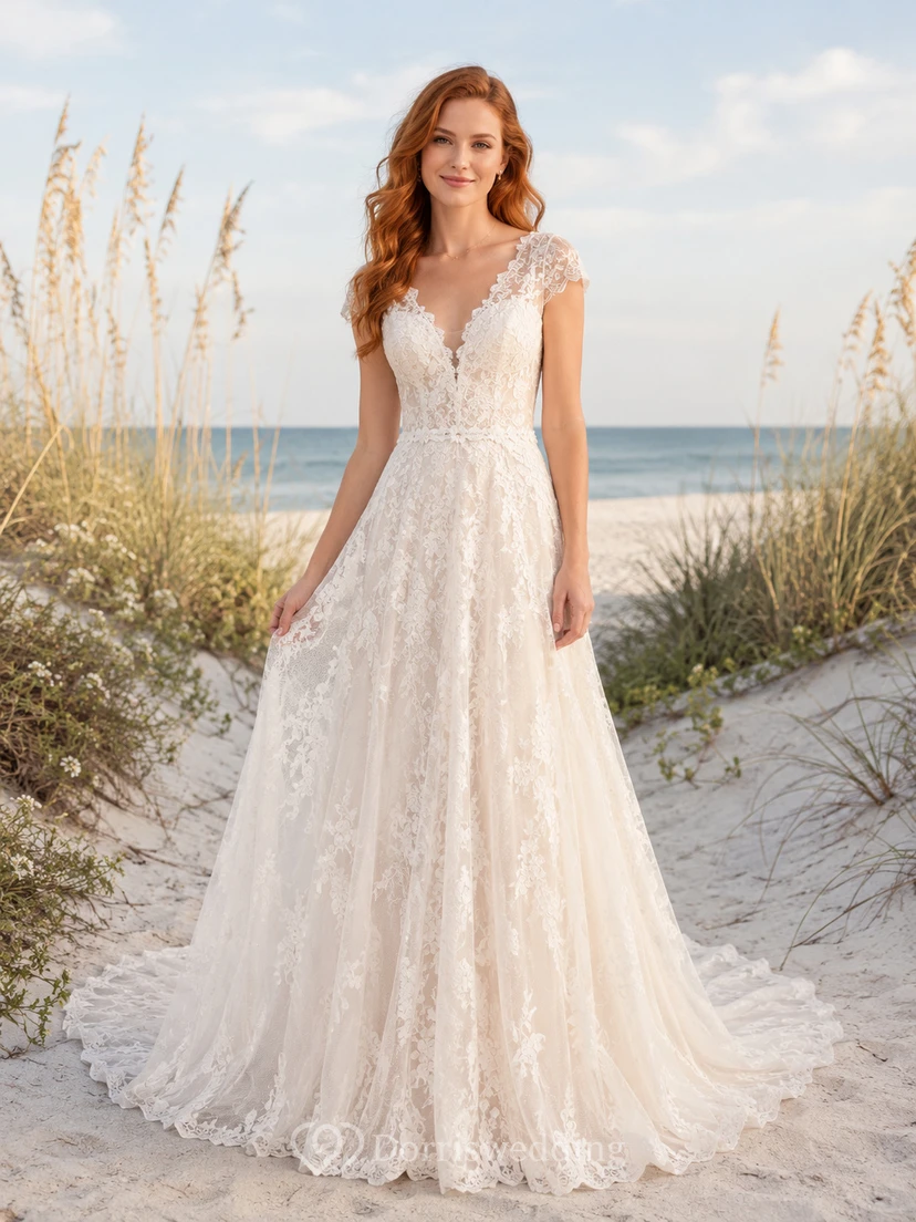 Brautkleid im A-Linien-Stil mit kurzen Ärmeln und Spitze