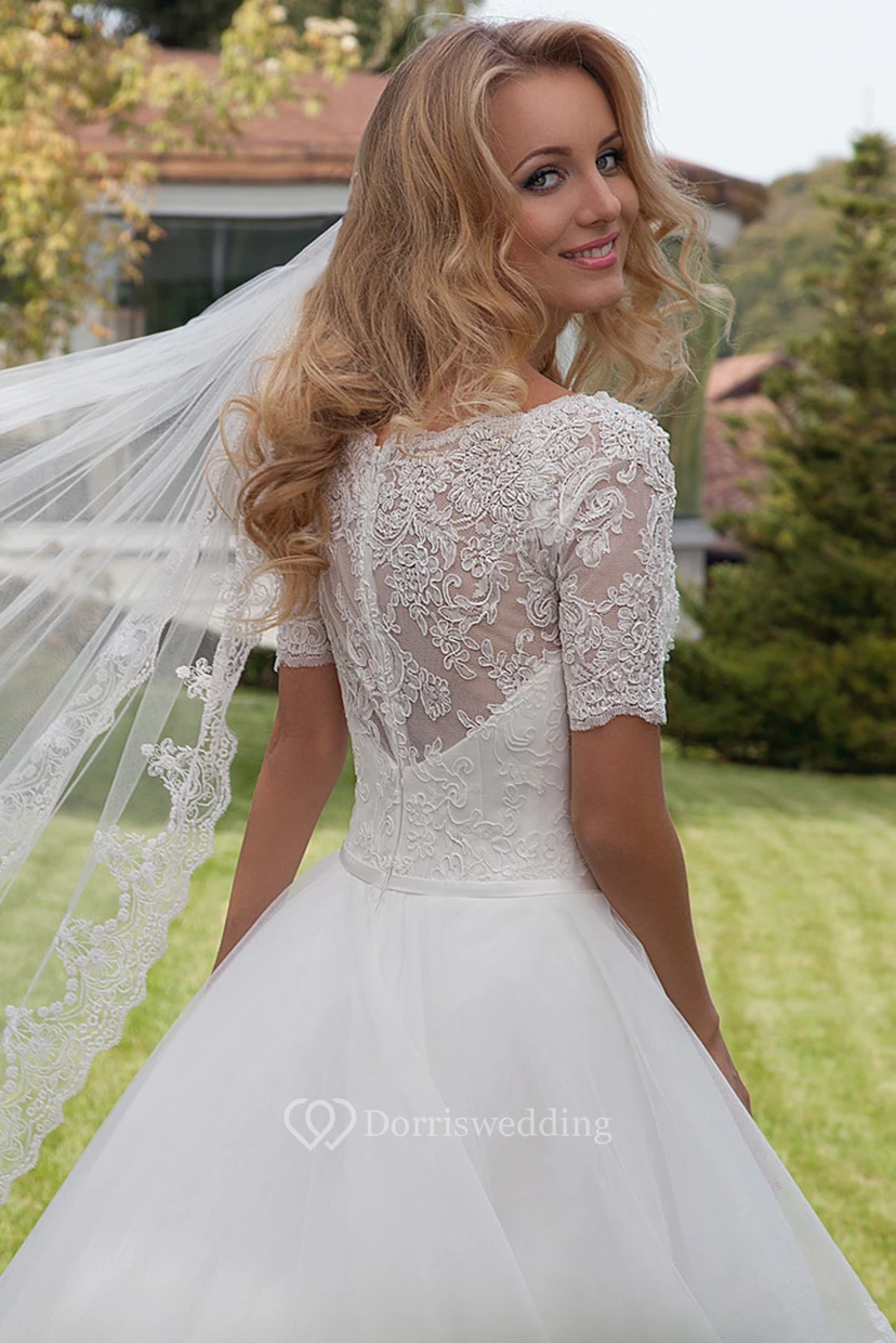 Ball Gown V-Neck Appliqued Short Sleeve Lace Wedding Dress view 5