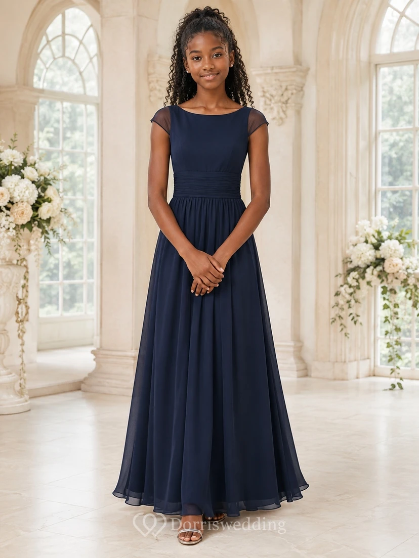 Vestido de dama de honor juvenil azul marino oscuro, corte en A, escote redondo, manga corta, elegante.