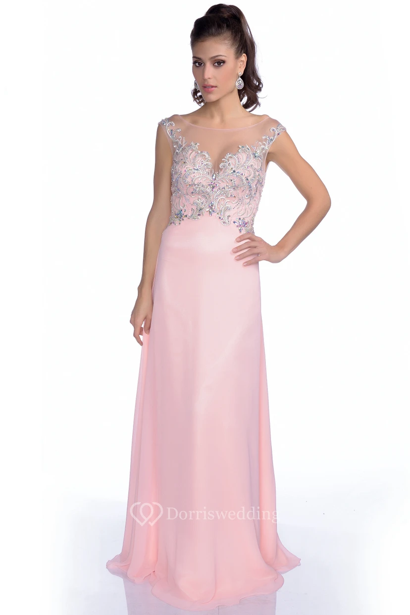 Cap Sleeve Chiffon A-Line Low-V Back Prom Dress With Bateau Neck