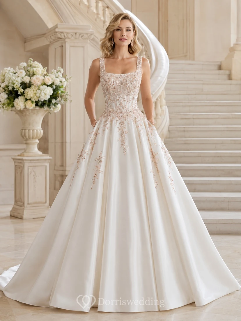 Brautkleid aus roségoldenem Satin, Ballkleid, eckiger Ausschnitt, ärmellos, bodenlang, Schleppe, modernes Design