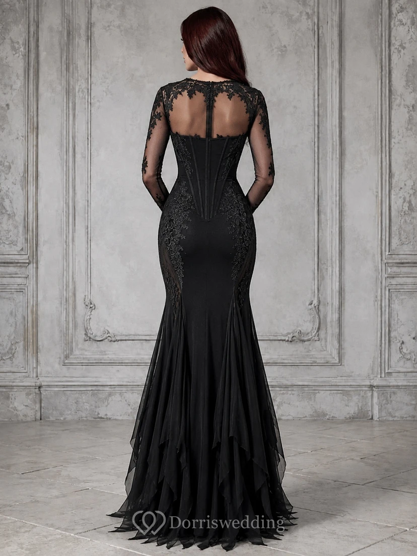 Vintage Black Illusion Long Sleeve Lace Mermaid Sweep Train Gothic Evening Gown view 2