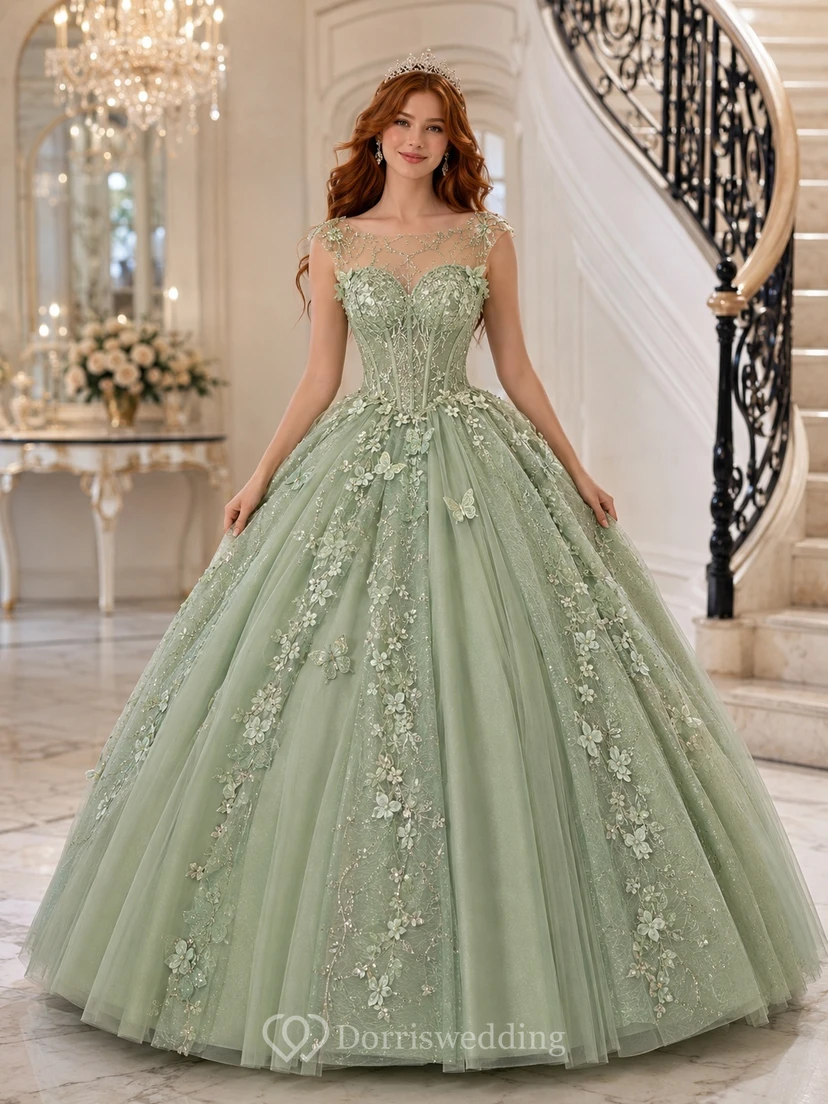 Salbeigrünes, bodenlanges Ballkleid aus Tüll mit Schmuckkragen, kurzen Ärmeln und Blumenmuster für eine Quinceañera