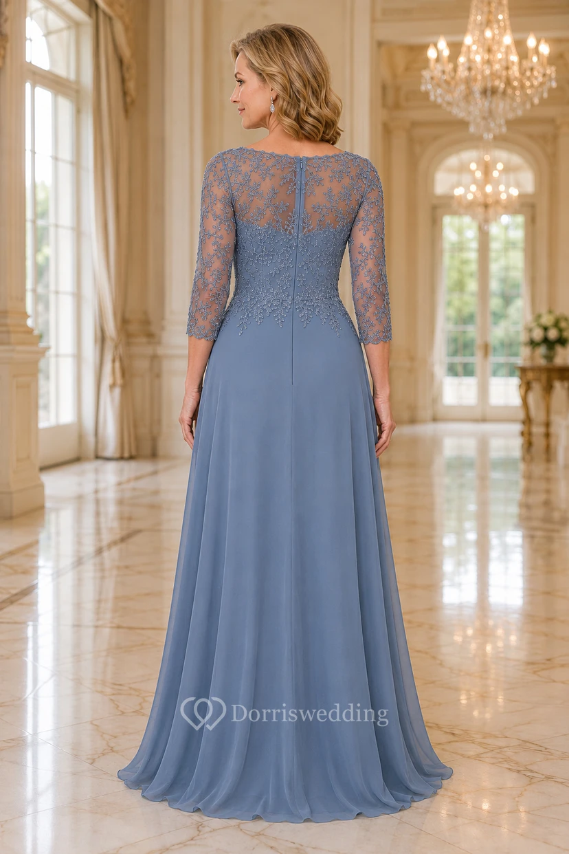 Stahlblaues Chiffon-Mutterkleid mit Spitzenoberteil und Dreiviertelärmeln view 2