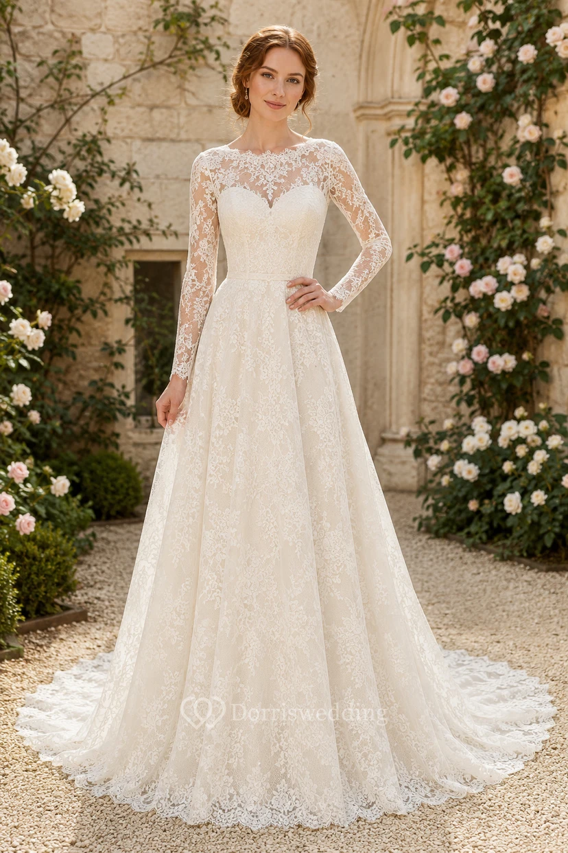Robe de mariée en dentelle et tulle, coupe trapèze, bustier cœur, manches longues, traîne.