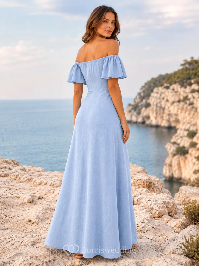 Pale Blue Off Shoulder Ruffle Floor Length A Line Beach Dress view 2