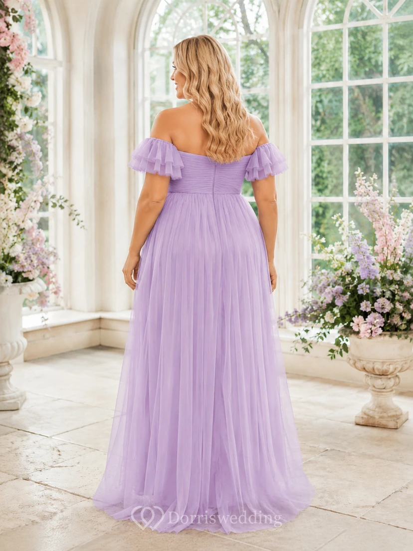 Vestido de maternidad largo hasta el suelo, color lavanda, con hombros descubiertos, mangas tipo pétalo, volantes de tul, pliegues, espalda descubierta, cierre de cremallera, corte imperio y cintura en A. view 2