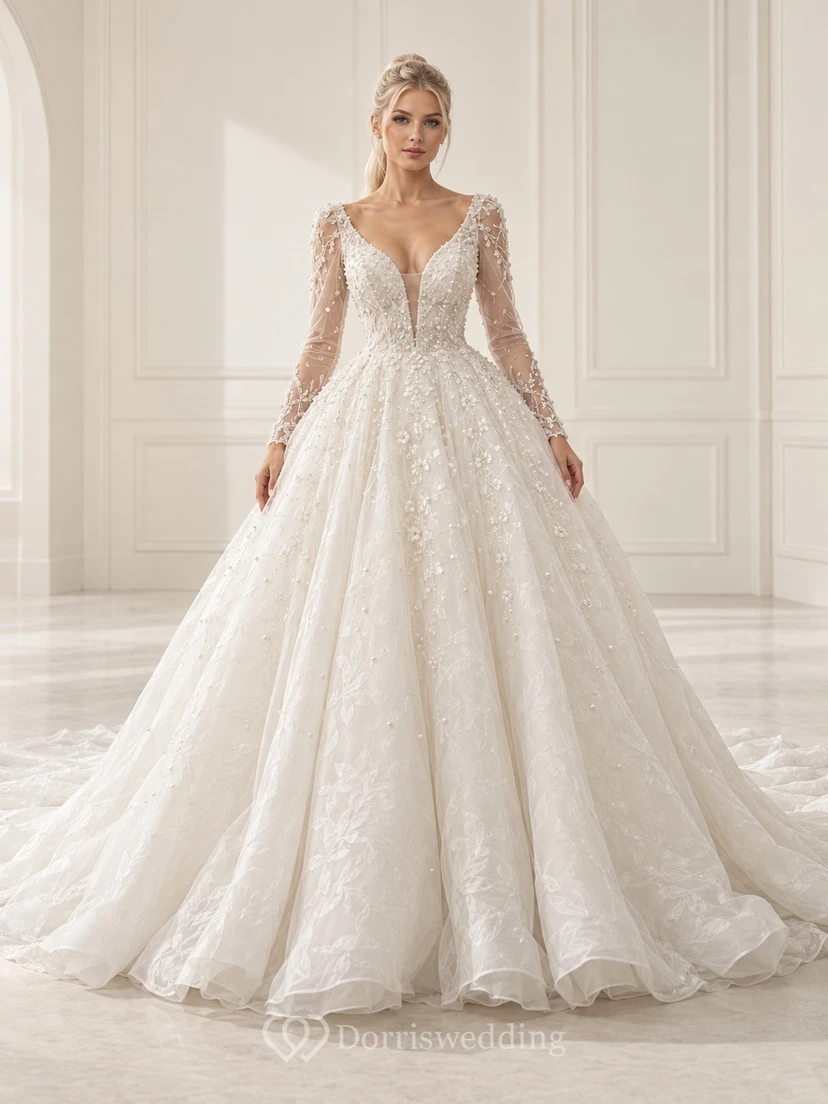 Long Sleeve Plunge V-neck Lace Ball Gown Wedding Dress