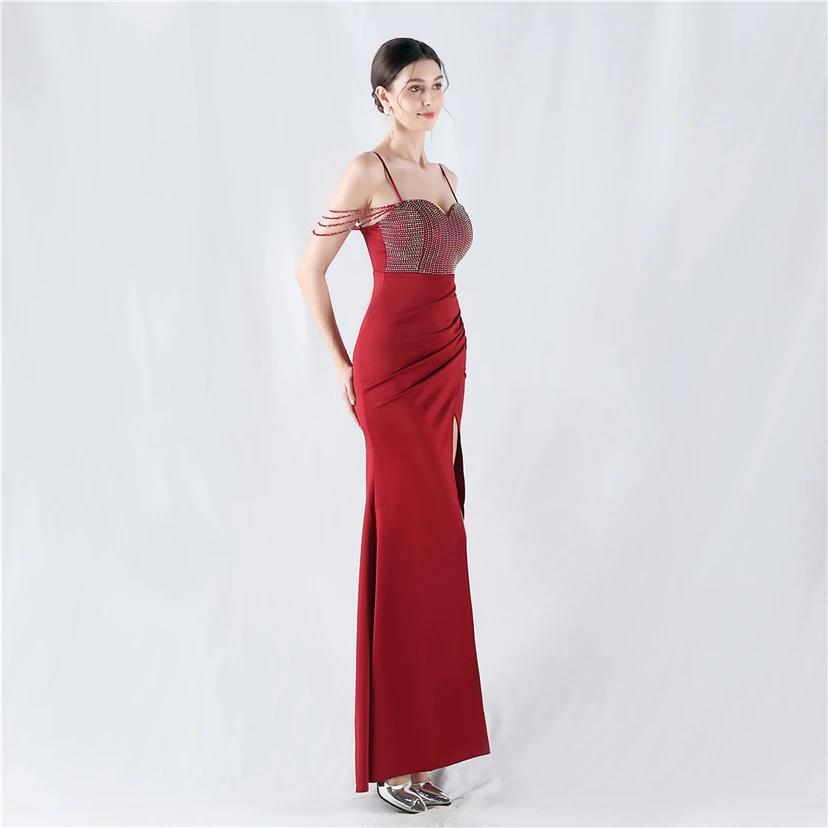 Hot Diamond Beaded High-Slit Satin Sexy Sling Evening Dress view 44