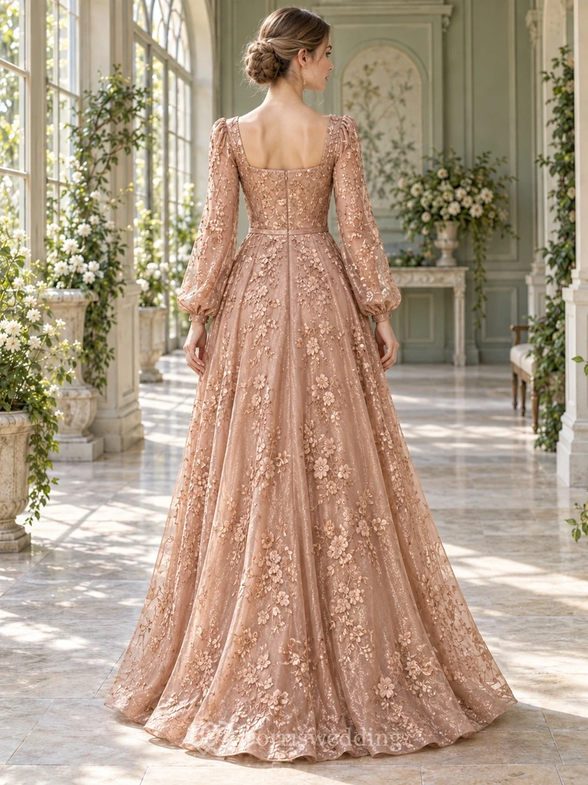Vestido de noche formal largo hasta el suelo, corte A, con cuello cuadrado, mangas largas y apliques florales, color oro rosa view 2