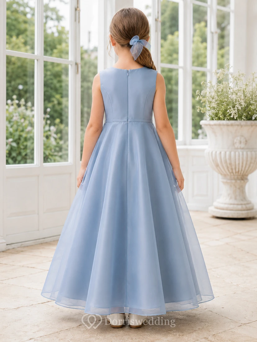 Blumenmädchenkleid, himmelblau, Chiffon, A-Linie, V-Ausschnitt, Teelänge, plissiert view 2