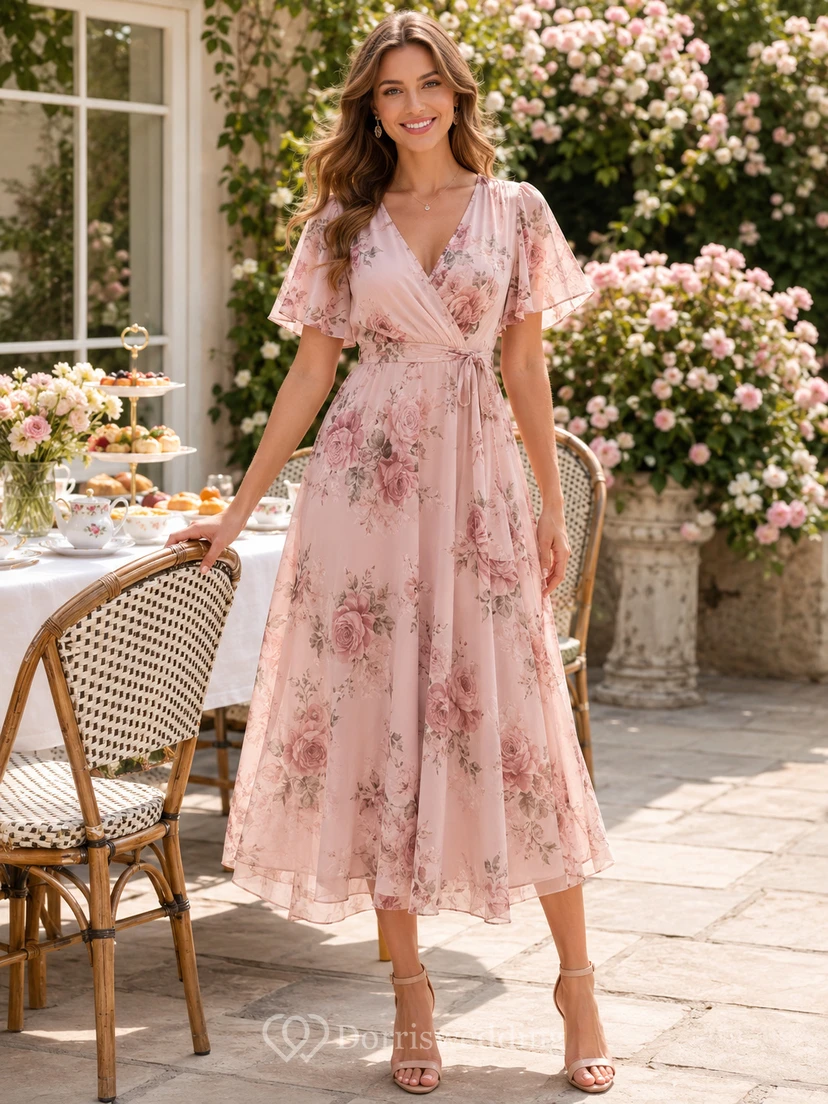 Blush Floral V Neck Flutter Sleeve Midi Brunch Dress
