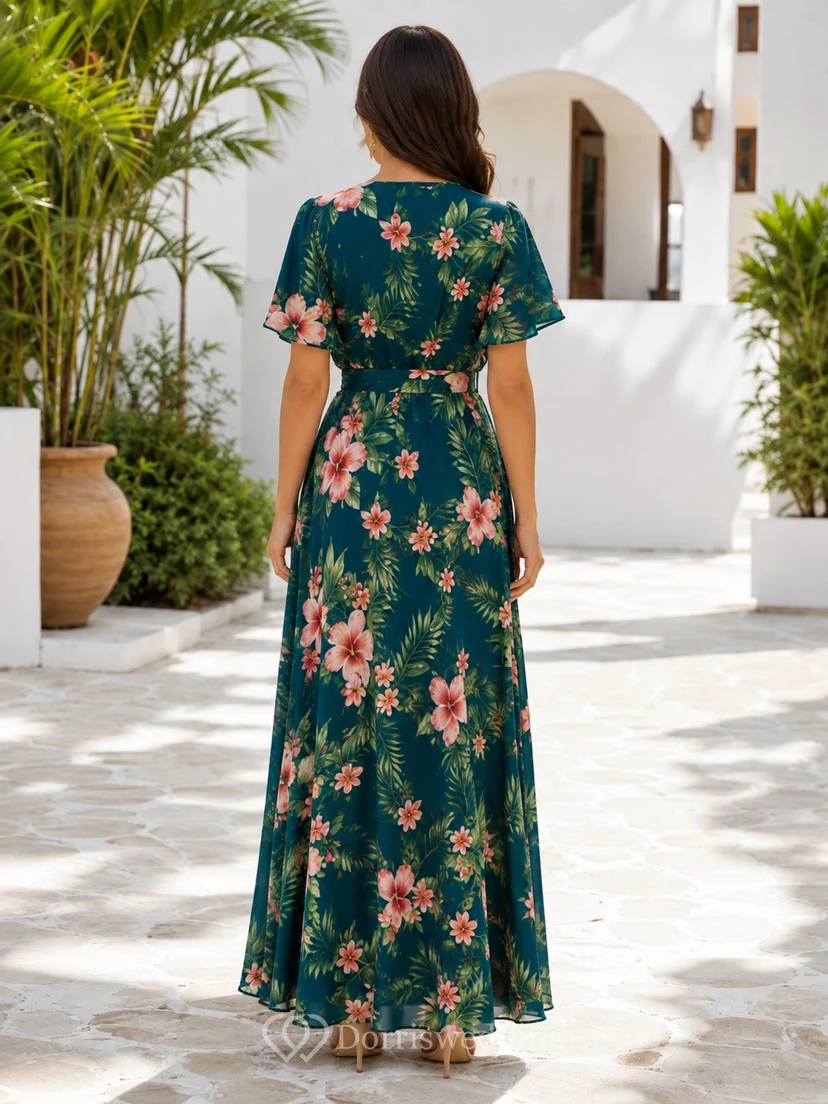 Vestido largo de gasa color verde azulado con escote en V, manga corta y corte en A, con abertura lateral y abertura. view 2