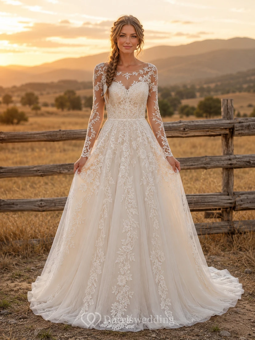 Vestido de novia de tul y encaje campestre, corte en A, escote en V, sin mangas, cola de capilla, espalda baja en V.