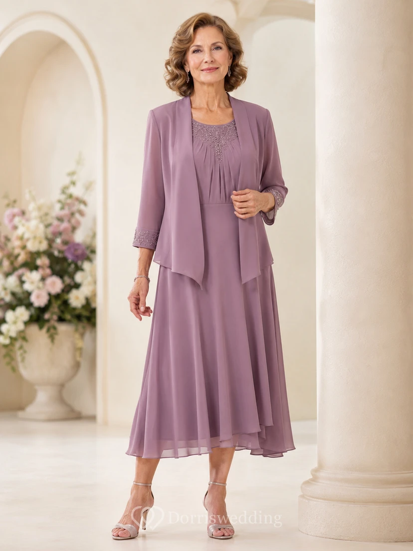 Vintage-Set aus mauvefarbenem Chiffon, elegantem Brautkleid für die Mutter älterer Bräute, mit dreiviertelärmeligem Rundhalsausschnitt, langer Jacke und A-Linien-Rock in Teelänge