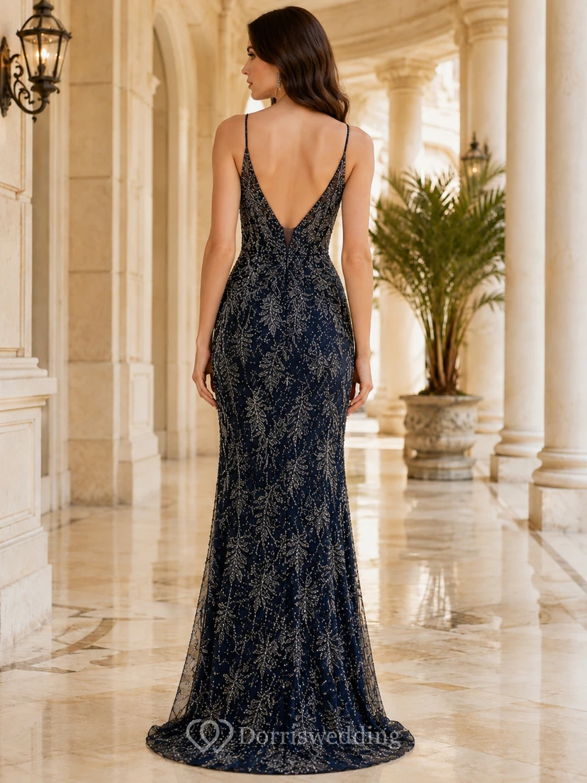 Black Gold V Neck Beaded High Slit Mermaid Dress view 2