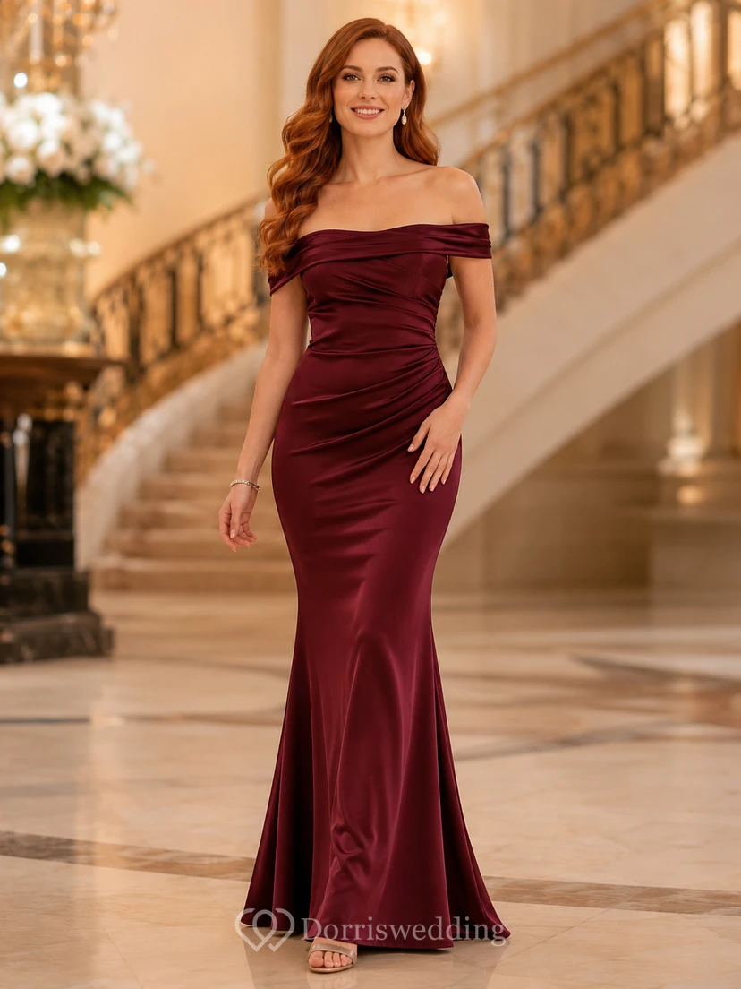 Burgundy Modern Off-the-shoulder Slit Mermaid Evening Dress