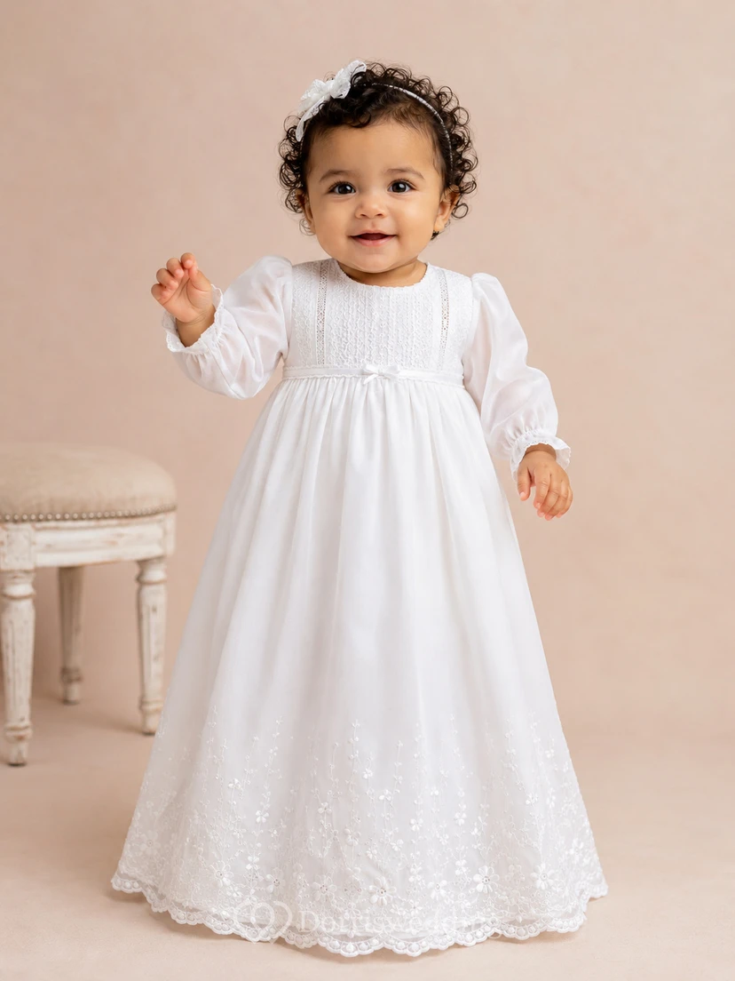 Long Sleeve Baby Christening A-Line Satin Lace Hem Gown Modest