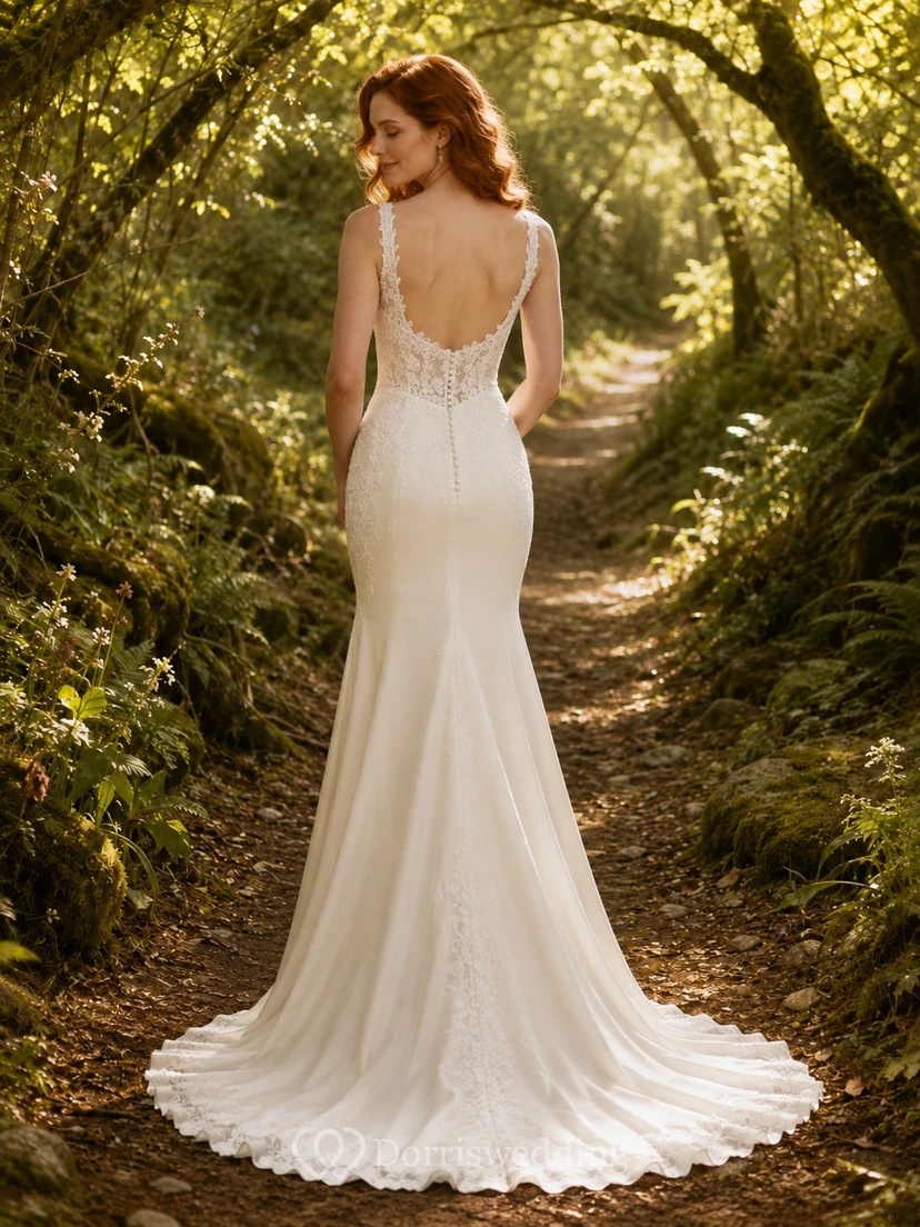 Brautkleid im Landhausstil aus Satin, Meerjungfrauen-Stil, Spaghettiträger, bodenlang, tiefer V-Ausschnitt view 2