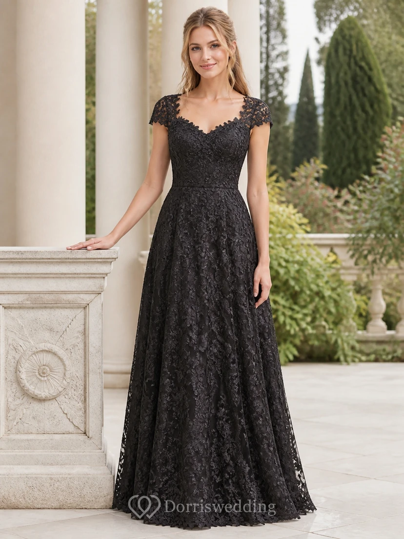 Robe de maman vintage noire grande taille à manches courtes et dentelle festonnée, coupe trapèze