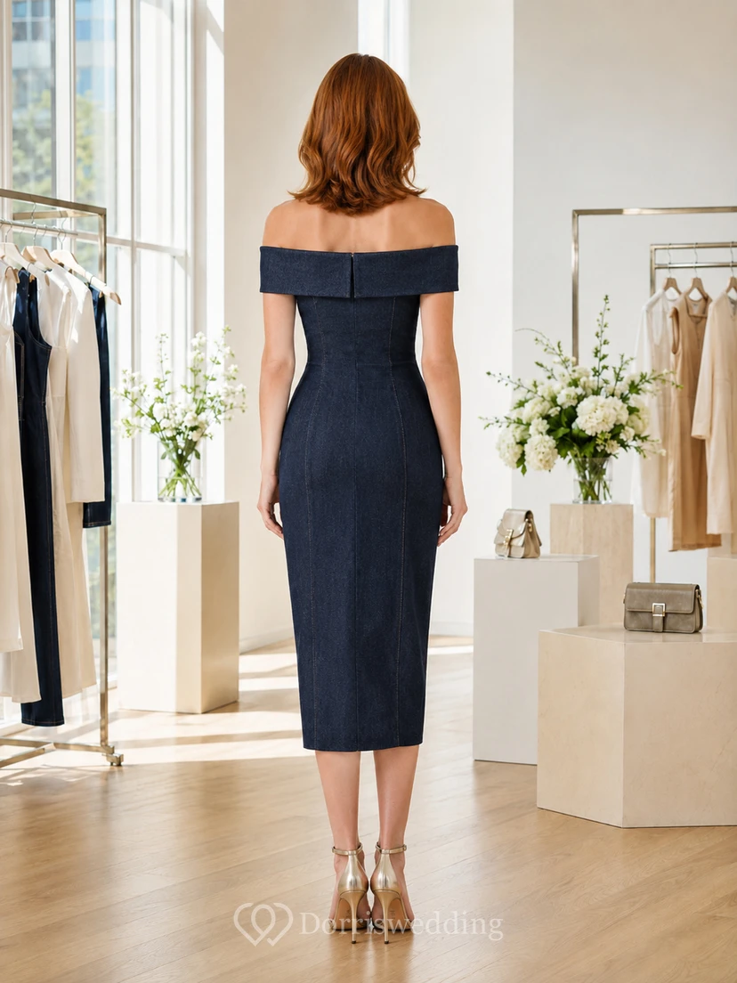 Dark Denim Off Shoulder Fitted Pop Up Midi Dress view 2