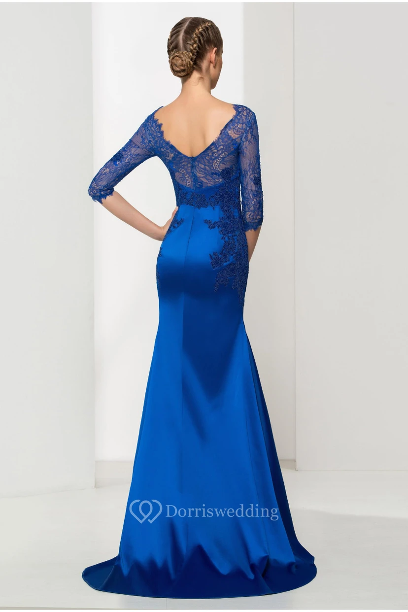 Elegante vestido de satén y tul estilo sirena con escote barco y mangas cortas y espalda en V. view 2