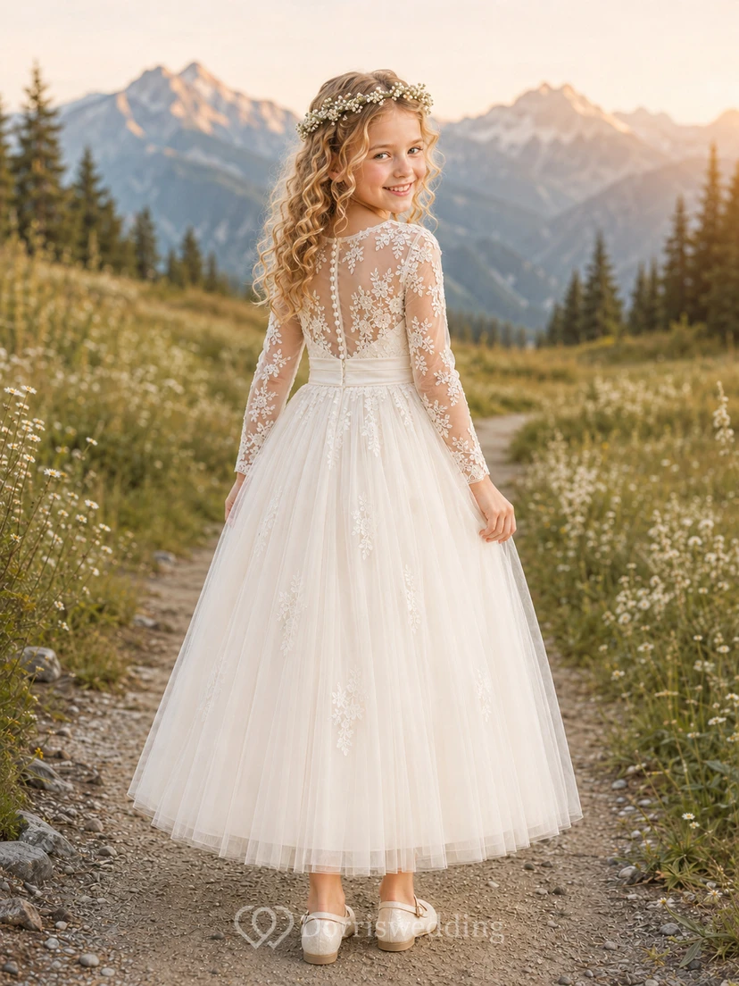 A-Line Flowergirl Lace Tulle Floor-Length Long Sleeve Mountain Wedding Dress view 2