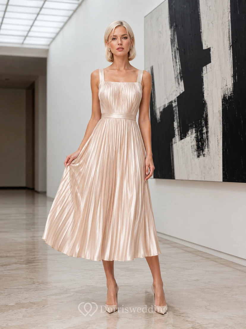 Vestido de museo de satén plisado con escote cuadrado y largo hasta la rodilla